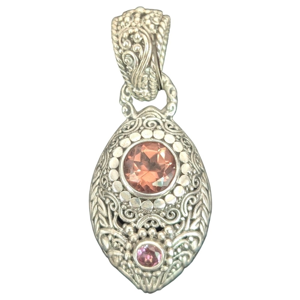 Sarda Sterling Silver 925 Balinese Artisan Peach Pink Gemstone Pendant 1.75"